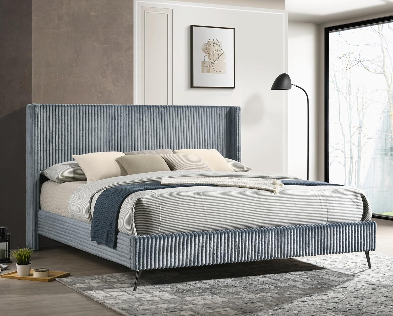 Roundhill Furniture Mavela Wide Wale Corduroy Upholstery Panel King Bed with 2 Nightstands, Blue