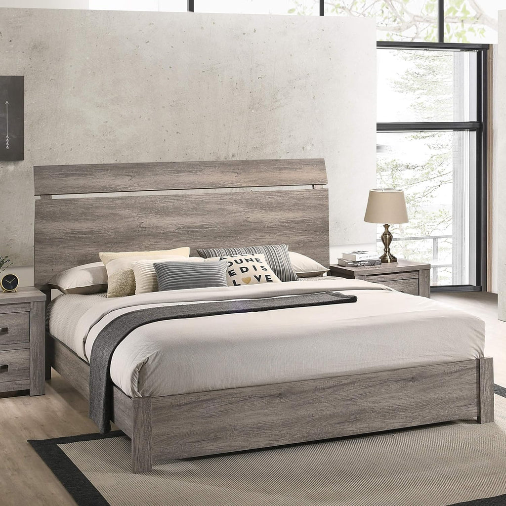 Floren Contemporary Weathered Gray Wood Bedroom Set, Queen Panel Bed, Dresser, Mirror, Nightstand