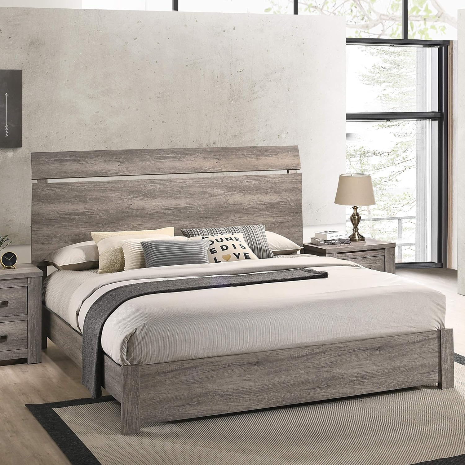 Floren Contemporary Weathered Gray Wood Bedroom Set, Queen Panel Bed, Dresser, Mirror, Nightstand