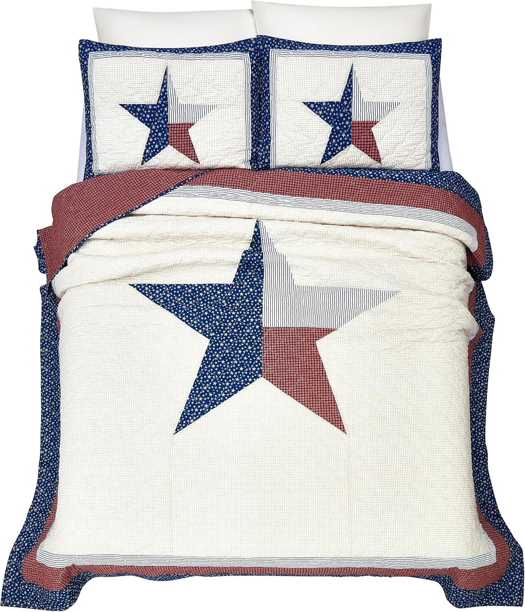 Lone Star 3-Piece 100% Cotton Quilt and Pillow Sham Set, Americana Vintage-Inspired Coverlet Quilt Set - King Size, Red/Blue/Cream