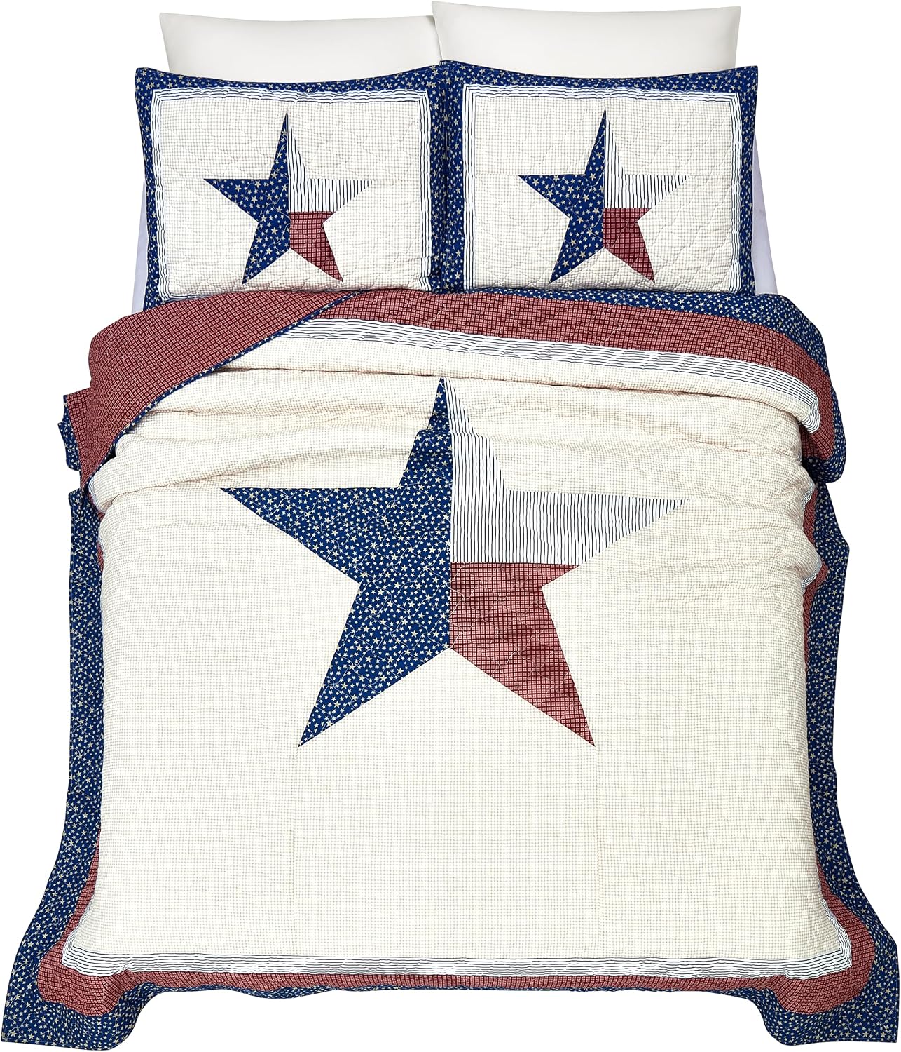 Lone Star 3-Piece 100% Cotton Quilt and Pillow Sham Set, Americana Vintage-Inspired Coverlet Quilt Set - King Size, Red/Blue/Cream