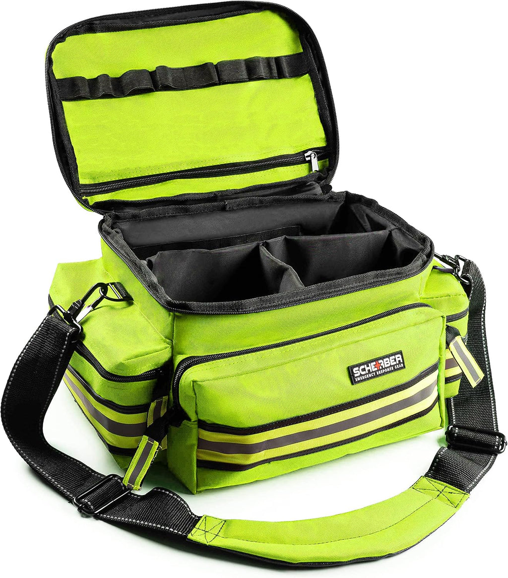 Scherber First Responder Fully-Stocked Professional Essentials EMT/EMS Trauma Kit | HSA/FSA Approved | Reflective Bag w/8 Zippered Pockets & Compartments & 200+ First Aid Supplies - Yellow