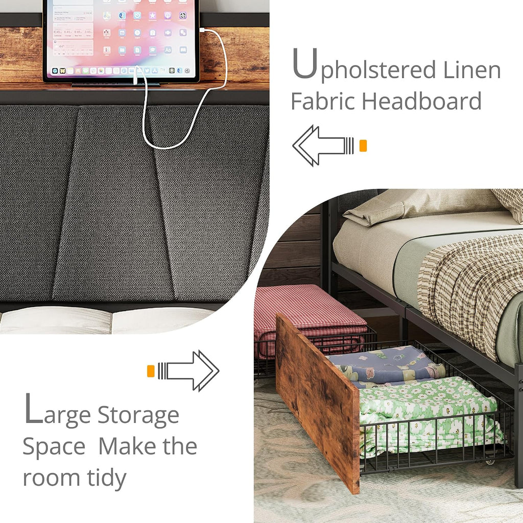 LIKIMIO King Bed Frame with 4 Storage Drawers, Platform Bed with Charged Headboard, Sturdy and Stable, No Noise, No Box Spring Needed, Easy to Install, Vintage Brown and Gray