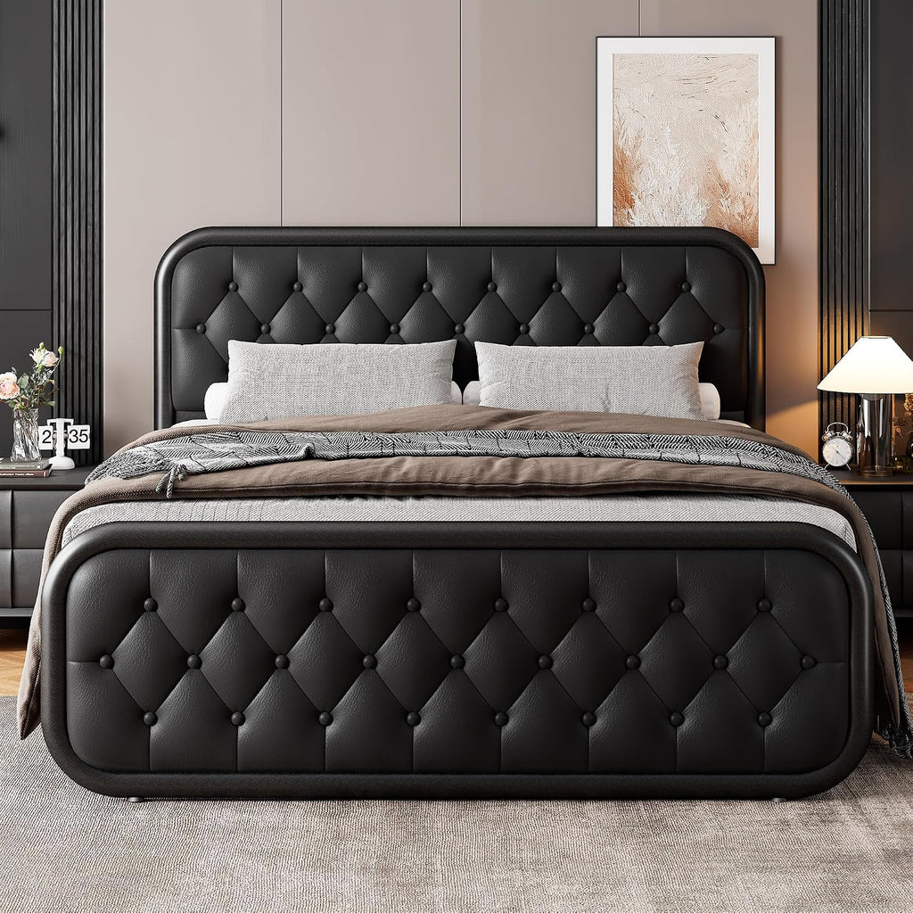 GalnFu Full Metal Bed Frame, Upholstered Bed with Leather Button-Tufted Headboard & Footboard, Heavy-Duty U-Shape Platform Bed, Easy Assembly, Black