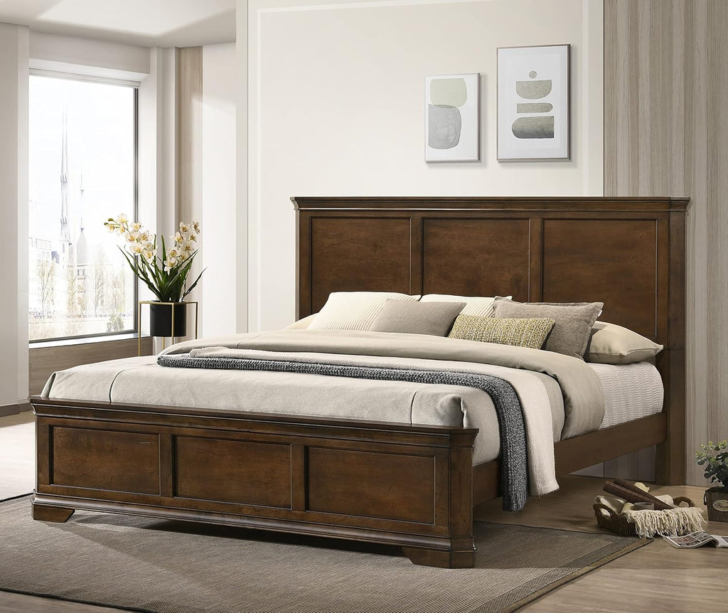 Roundhill Furniture Maderne 3-Piece Bedroom Set with King Size Panel Bed and Two Nightstands, Antique Walnut Finish