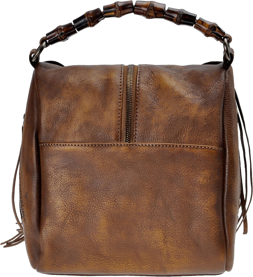 ZLYC Women's Leather Bamboo Hand Strap Featured Fringe Bohemian Tassel Studed Cross Body Bag