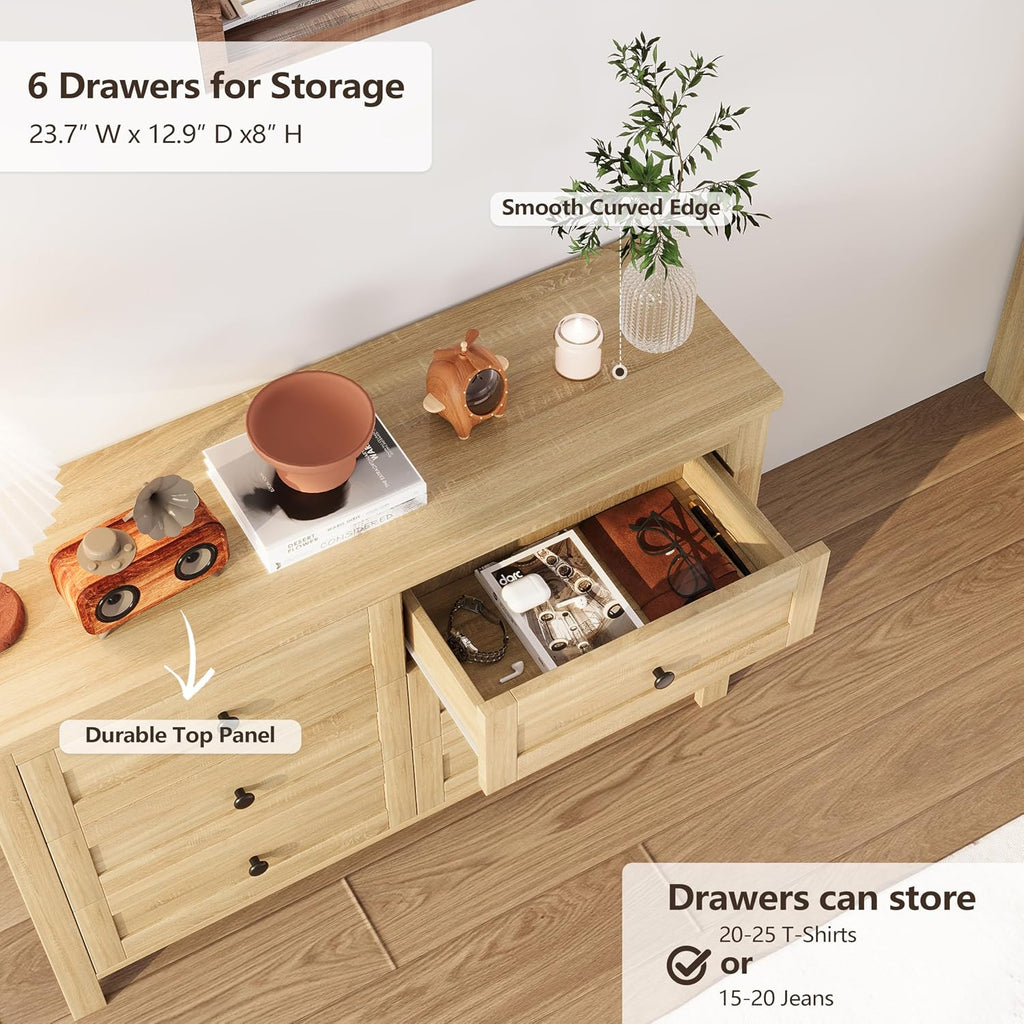 SOFTSEA 3 Pieces Farmhouse Bedroom Set, Full Size Platform Bed with a Nightstand and 6-Drawer Dresser, Wood Platform Bed with Sliding Barn Door Headboard and Charging Station, Natural