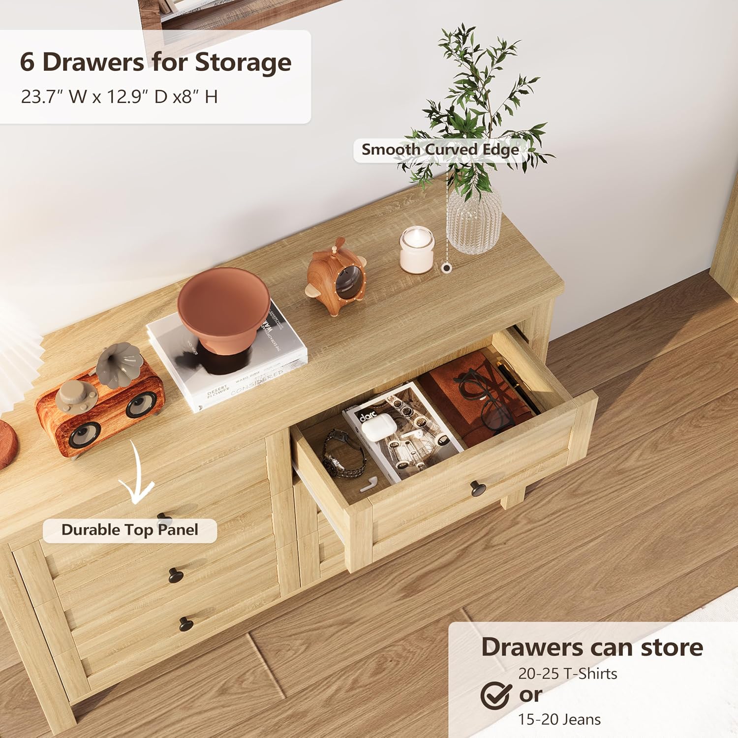 SOFTSEA 3 Pieces Farmhouse Bedroom Set, Full Size Platform Bed with a Nightstand and 6-Drawer Dresser, Wood Platform Bed with Sliding Barn Door Headboard and Charging Station, Natural