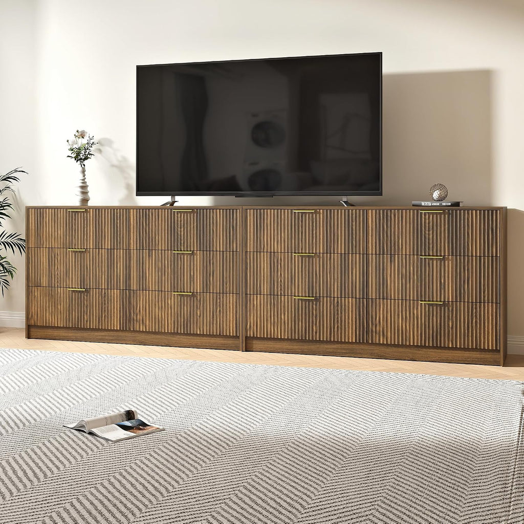 Walnut Dresser Set of 2, Long Dresser for Bedroom Wooden with 12 Drawers, Fluted Modern Bedroom Furniture Set, TV Stand Dressers & Chests of Drawers for Closet (15.7'D x 110.2'W x 31.8'H)