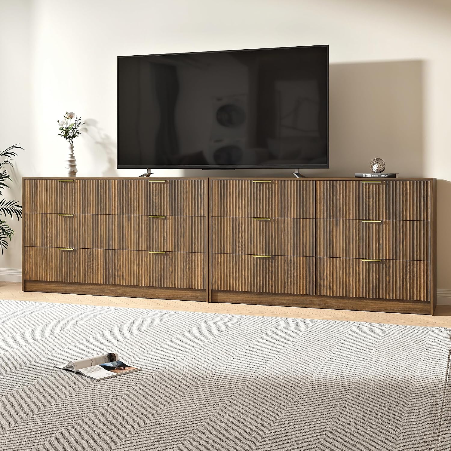 Walnut Dresser Set of 2, Long Dresser for Bedroom Wooden with 12 Drawers, Fluted Modern Bedroom Furniture Set, TV Stand Dressers & Chests of Drawers for Closet (15.7'D x 110.2'W x 31.8'H)