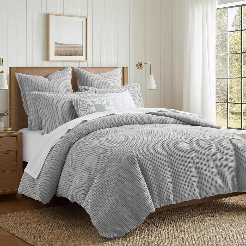 Levtex Home Mills Waffle Queen Duvet Cover Set (90x94in) with 2 Pillow Shams (26x20in) - Grey Pewter - 100% Cotton Queen Size Duvet Cover Set - Soft, Pre-Washed