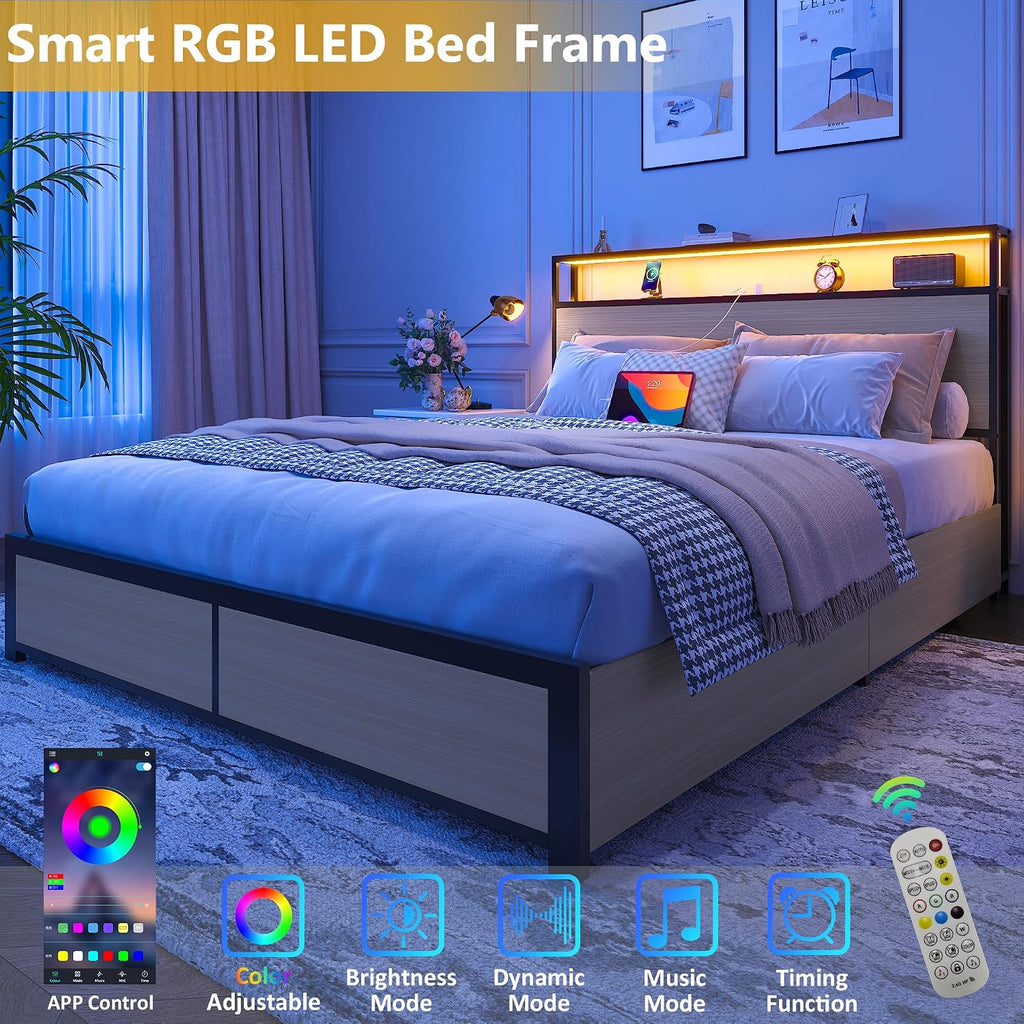 Lifezone Queen Bed Frame with 2-Tier Storage Headboard, Metal Platform Bed Frame with 4 Storage Drawers, Built in Charging Station & LED, Noise-Free/Metal Support/No Box Spring Needed, Beige