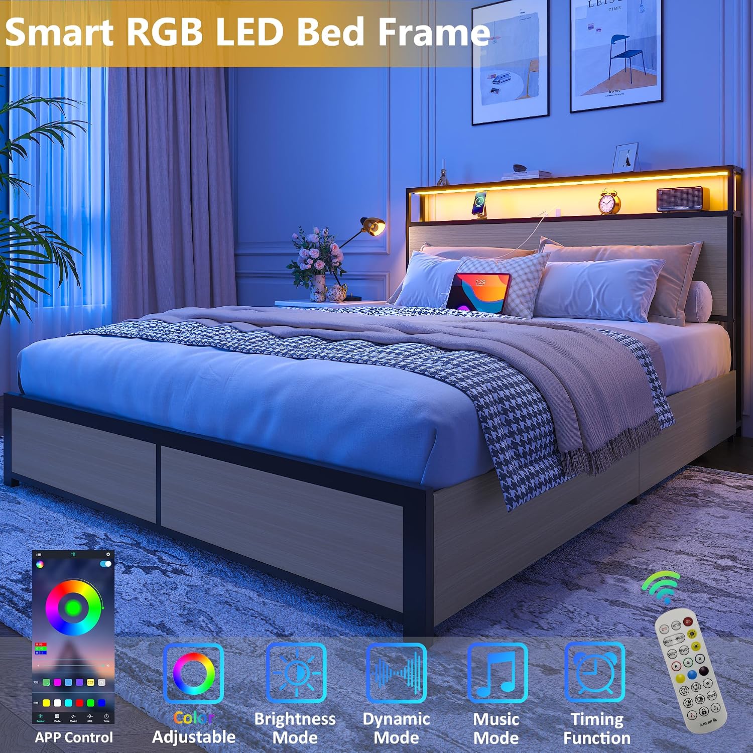 Lifezone Queen Bed Frame with 2-Tier Storage Headboard, Metal Platform Bed Frame with 4 Storage Drawers, Built in Charging Station & LED, Noise-Free/Metal Support/No Box Spring Needed, Beige