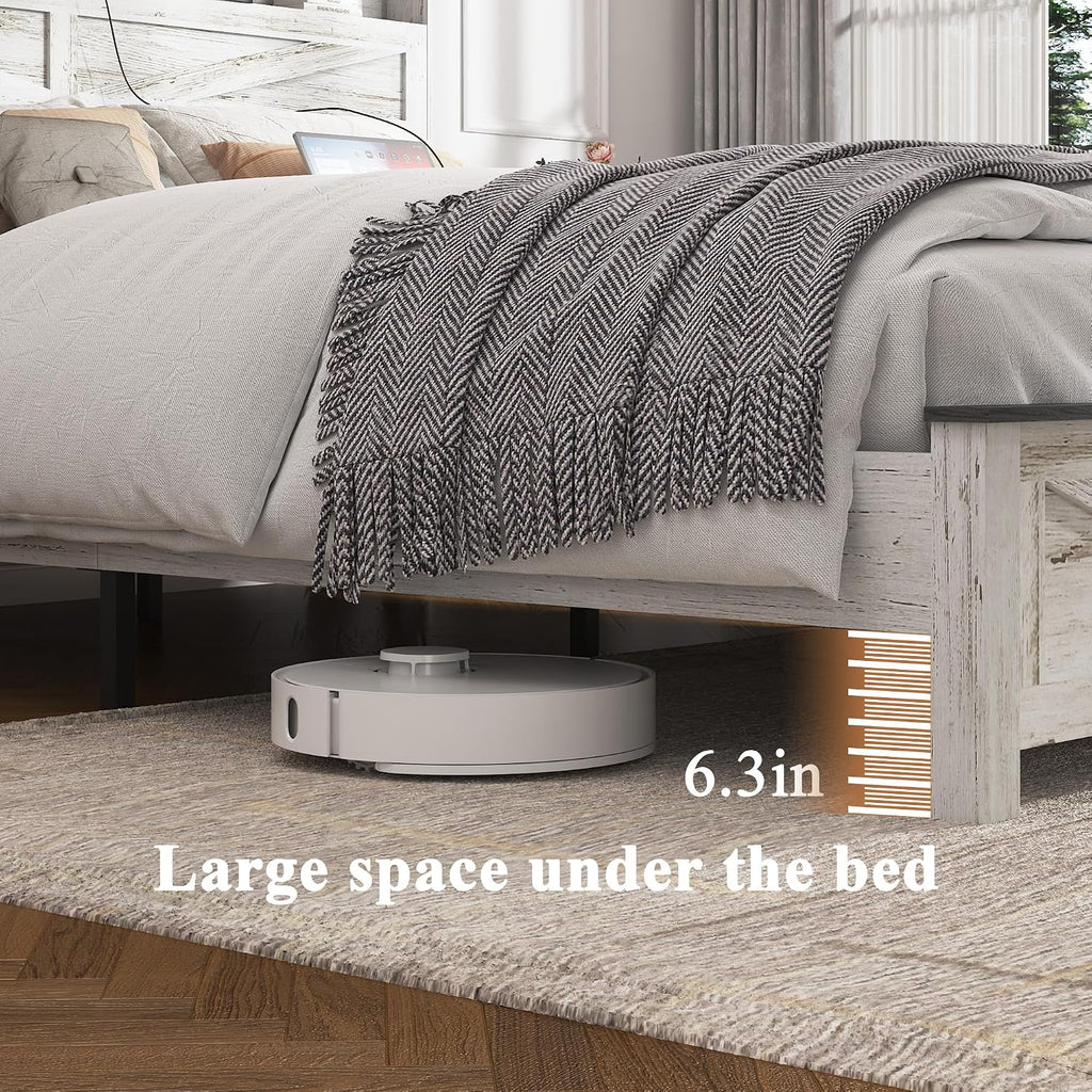 Farmhouse Wooden Bed Frame King Size with Storage Headboard, Boho Platform Bedframe with LED Lights and Charging Station, Metal Slats Support, No Box Spring Needed, White