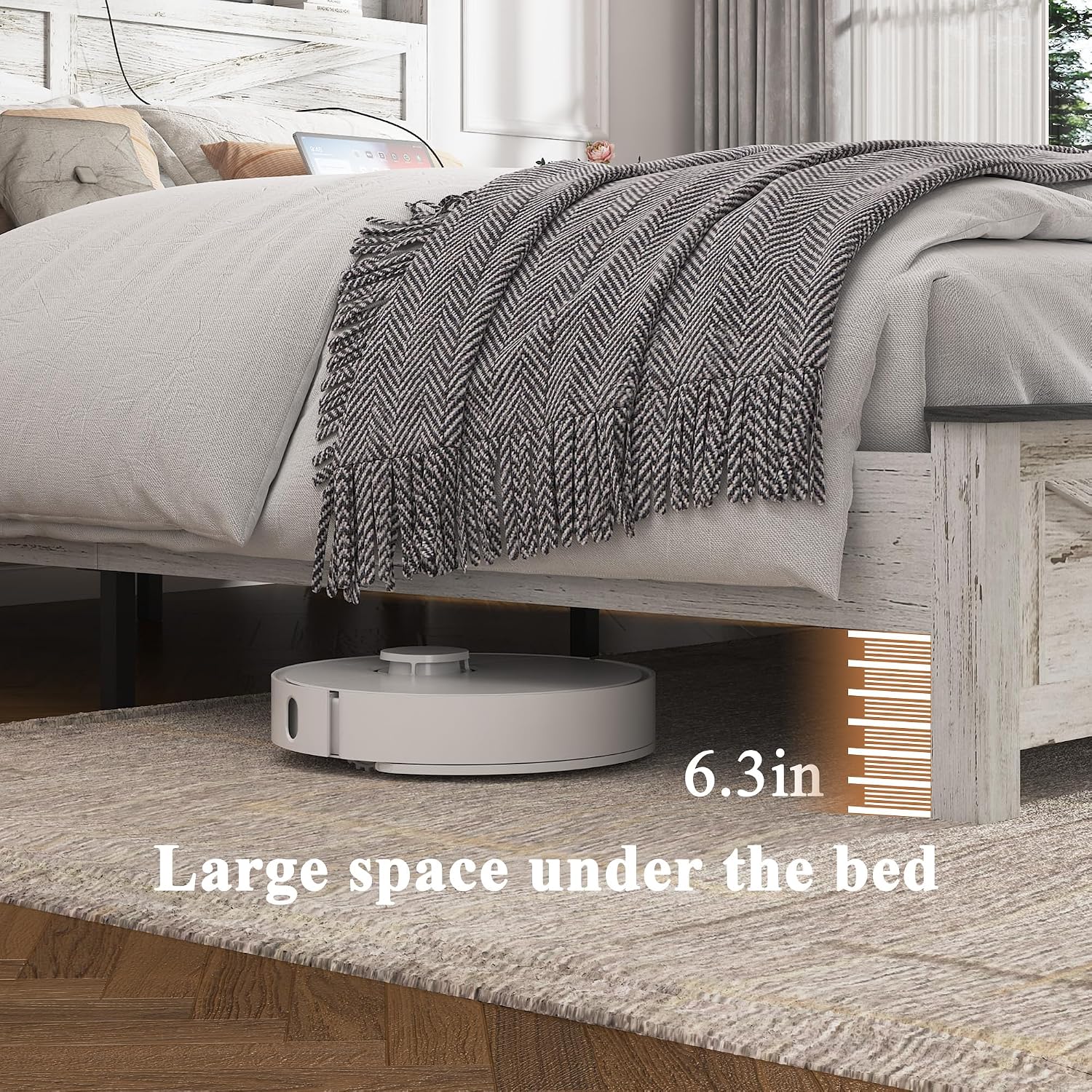 Farmhouse Wooden Bed Frame King Size with Storage Headboard, Boho Platform Bedframe with LED Lights and Charging Station, Metal Slats Support, No Box Spring Needed, White