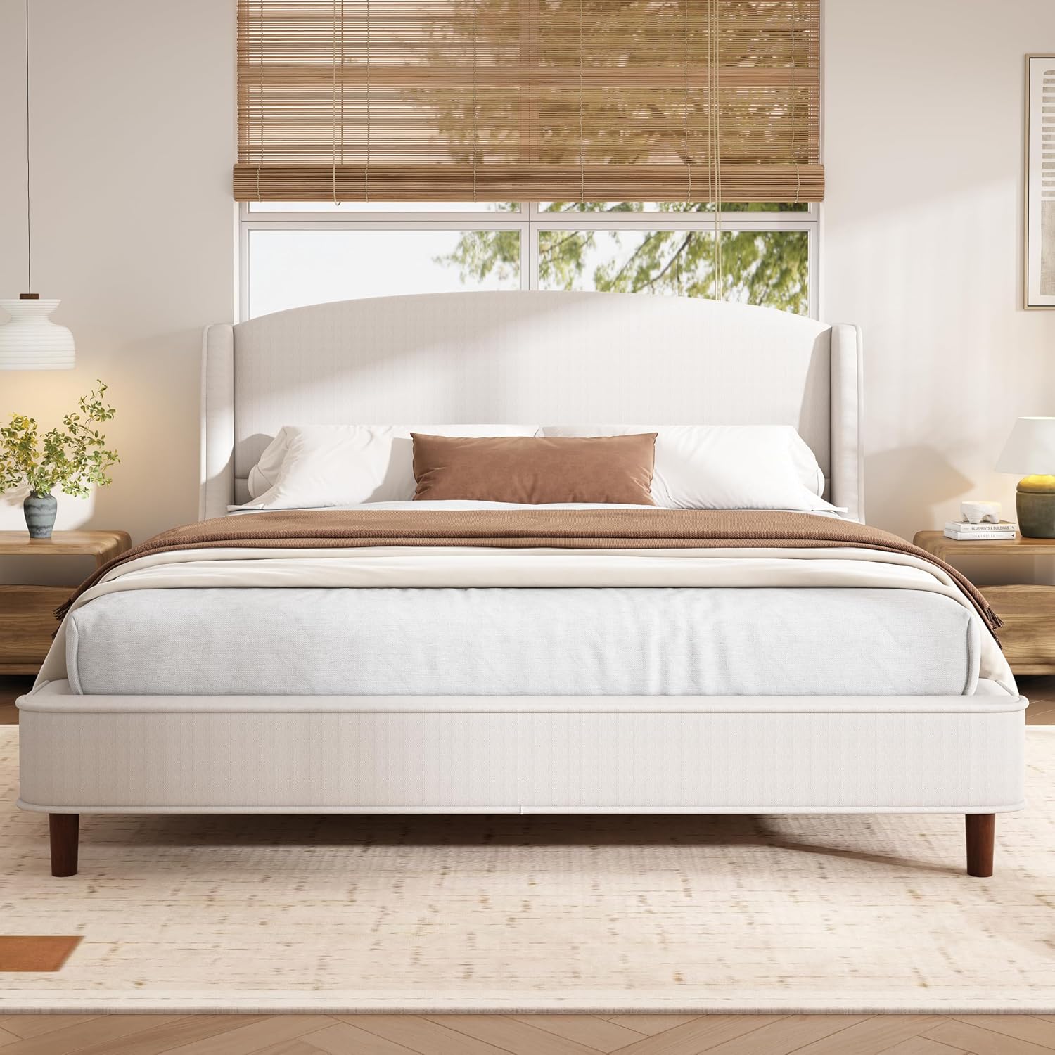 Christopher Knight Home Cordo 44.50' H King Size Bed Set, Upholstered Platform Bed with Wingback Headboard, Solid Wooden Slats Panel Support, No Box Spring Needed, Easy Assembly, Beige