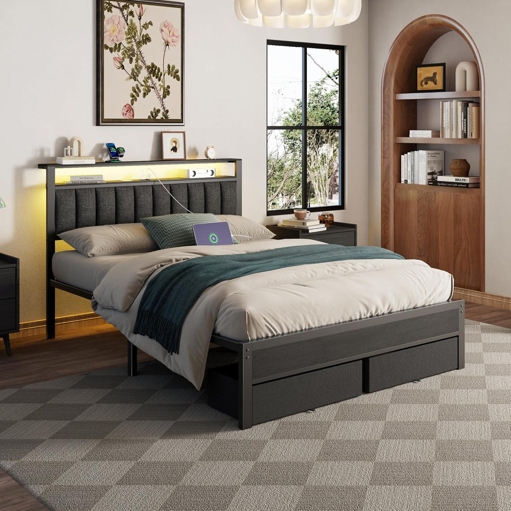 Furnulem Queen Bed Frame with Charging Station and LED Lights, Grey Upholstered Headboard with Shelves, Metal Platform Bed with 2 Under-Bed Storage (Fabric Drawer on Wheels), No Box Spring Needed