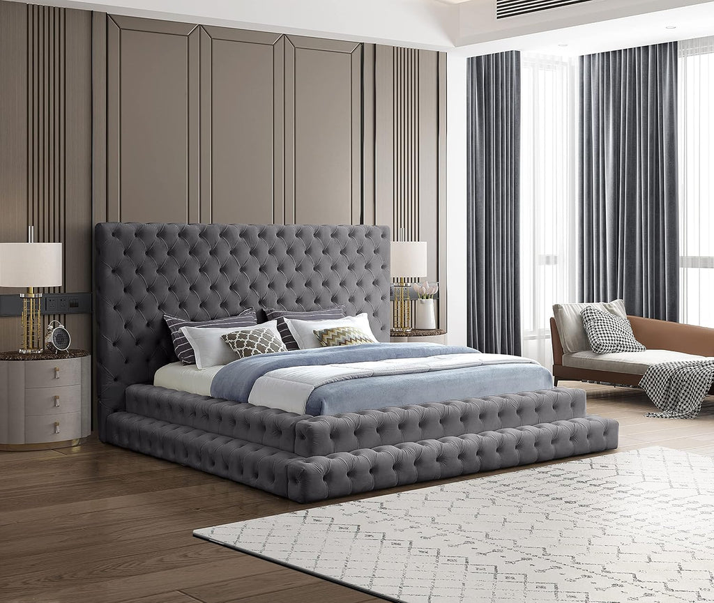 Meridian Furniture RevelGrey-K Revel Collection Modern | Contemporary Grey Velvet Upholstered Bed with Deep Button Tufting, 101' W x 98' D x 60' H, Grey, King