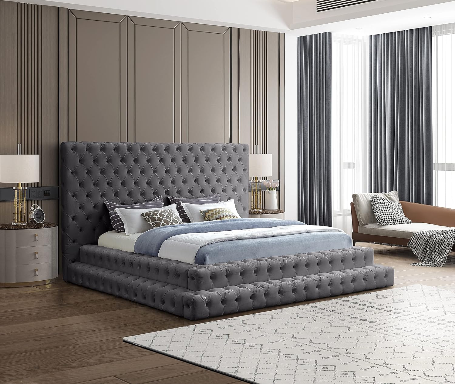 Meridian Furniture RevelGrey-K Revel Collection Modern | Contemporary Grey Velvet Upholstered Bed with Deep Button Tufting, 101' W x 98' D x 60' H, Grey, King
