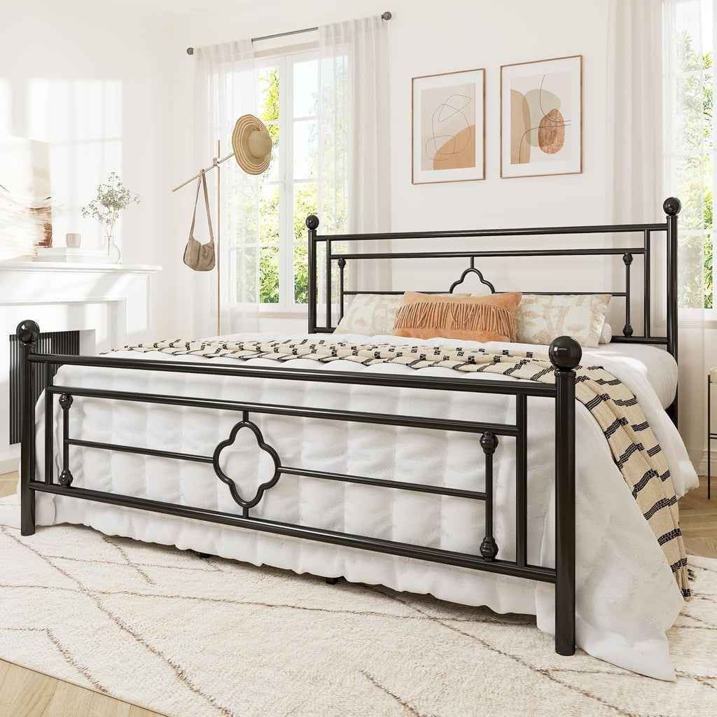 Allewie King Size Metal Platform Bed Frame with Victorian Vintage Headboard and Footboard/Mattress Foundation/Under Bed Storage/No Box Spring Needed/Noise-Free/Easy Assembly, Black