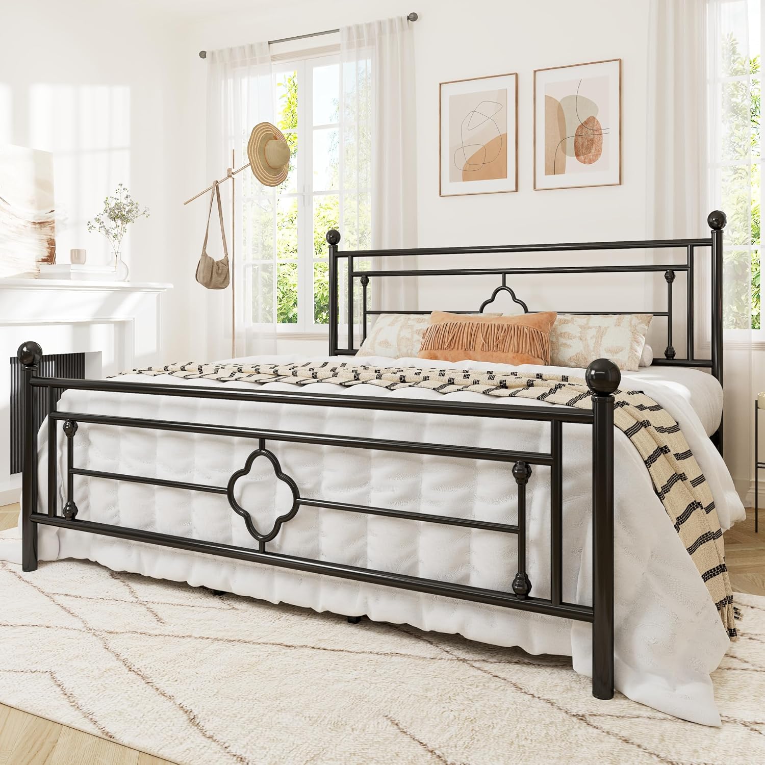 Allewie King Size Metal Platform Bed Frame with Victorian Vintage Headboard and Footboard/Mattress Foundation/Under Bed Storage/No Box Spring Needed/Noise-Free/Easy Assembly, Black