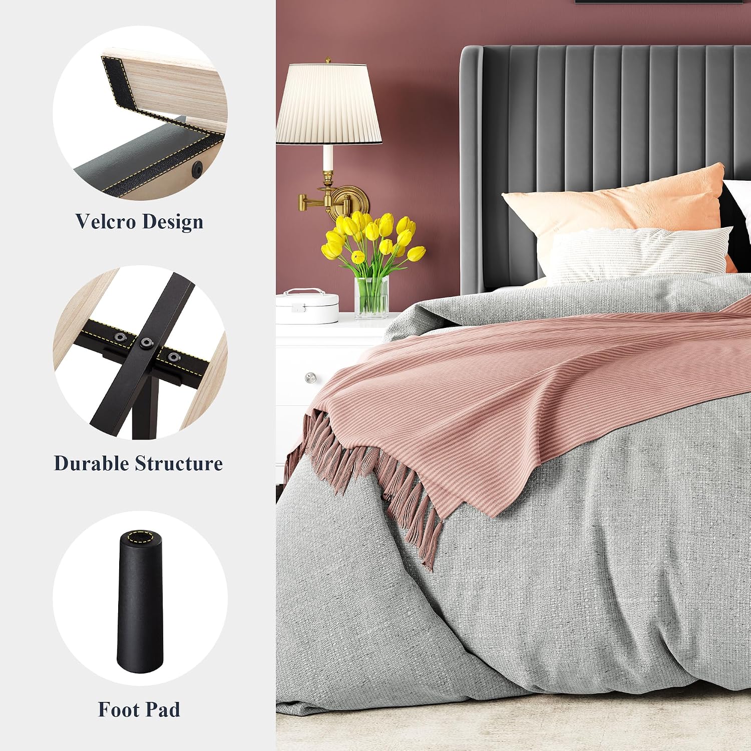 Allewie Queen Size Velvet Bed Frame/Vertical Channel Tufted Wingback Headboard/Upholstered Platform Bed/Strong Wooden Slats/No Box Spring Needed/Easy Assembly/Grey