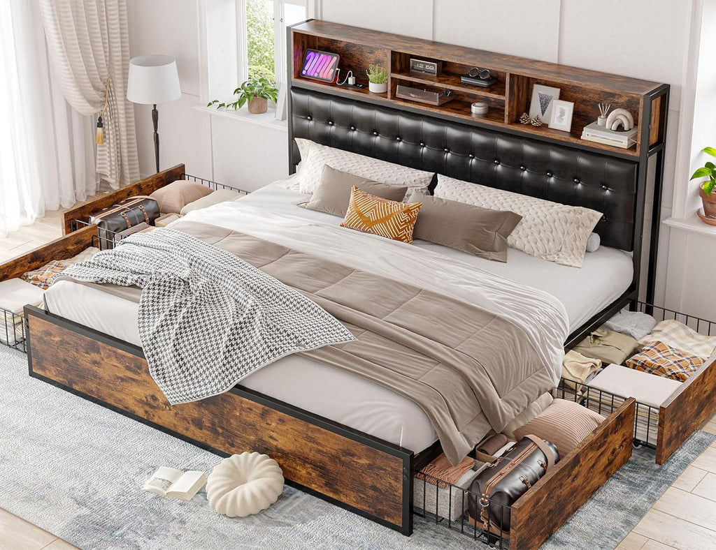 EnHomee King Size Bed Frame with 4 Storage Drawers, King Bed Frame and Headboard with Built in Charging Station,No Noise,No Box Spring Needed,Vintage Brown