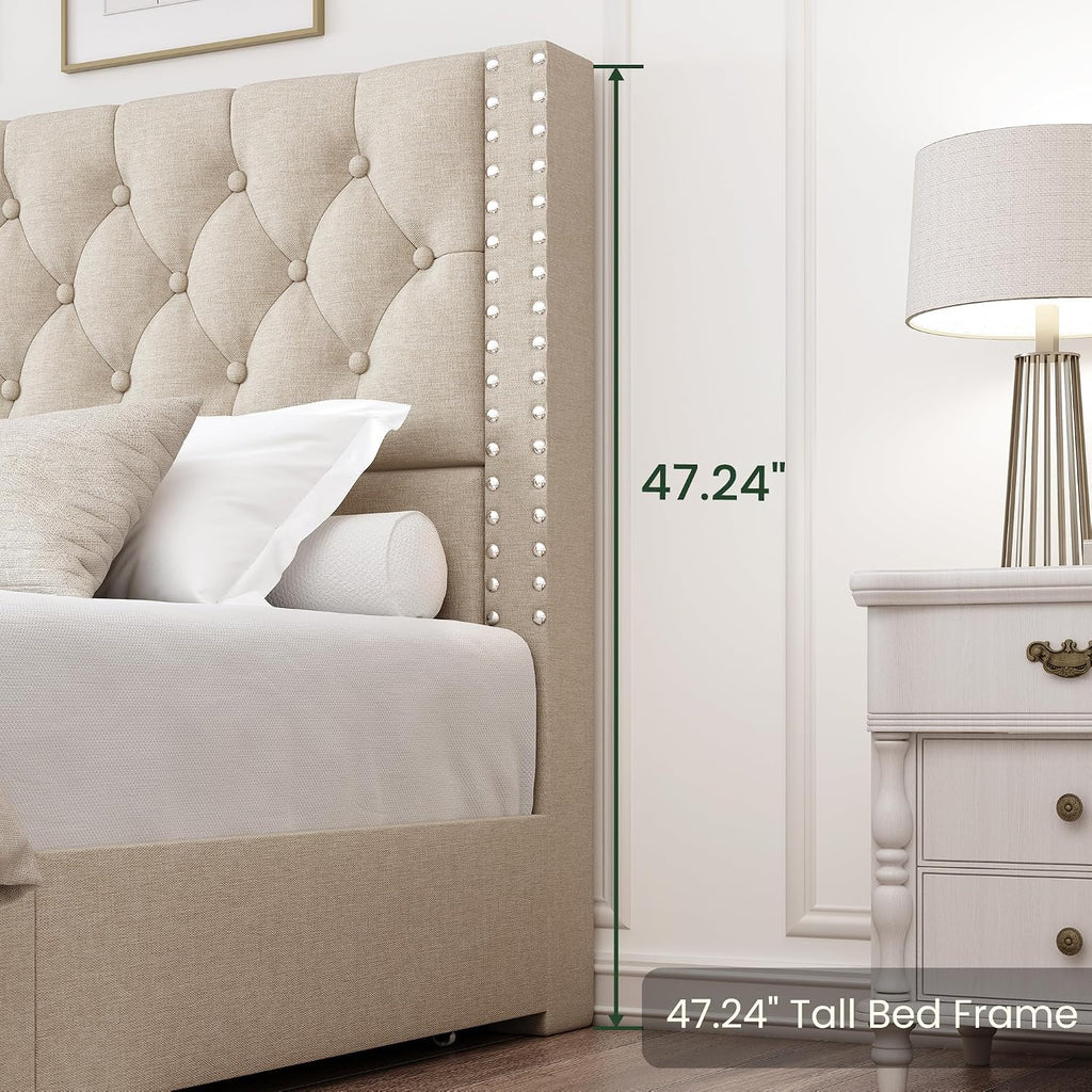 LARMACE King Size Bed Frame with 4 Storage Drawers and Tufted Headboard Linen Upholstered Platform Bed Frame with Heavy Duty Wood Slats, No Box Spring Needed, Easy Assembly, Beige