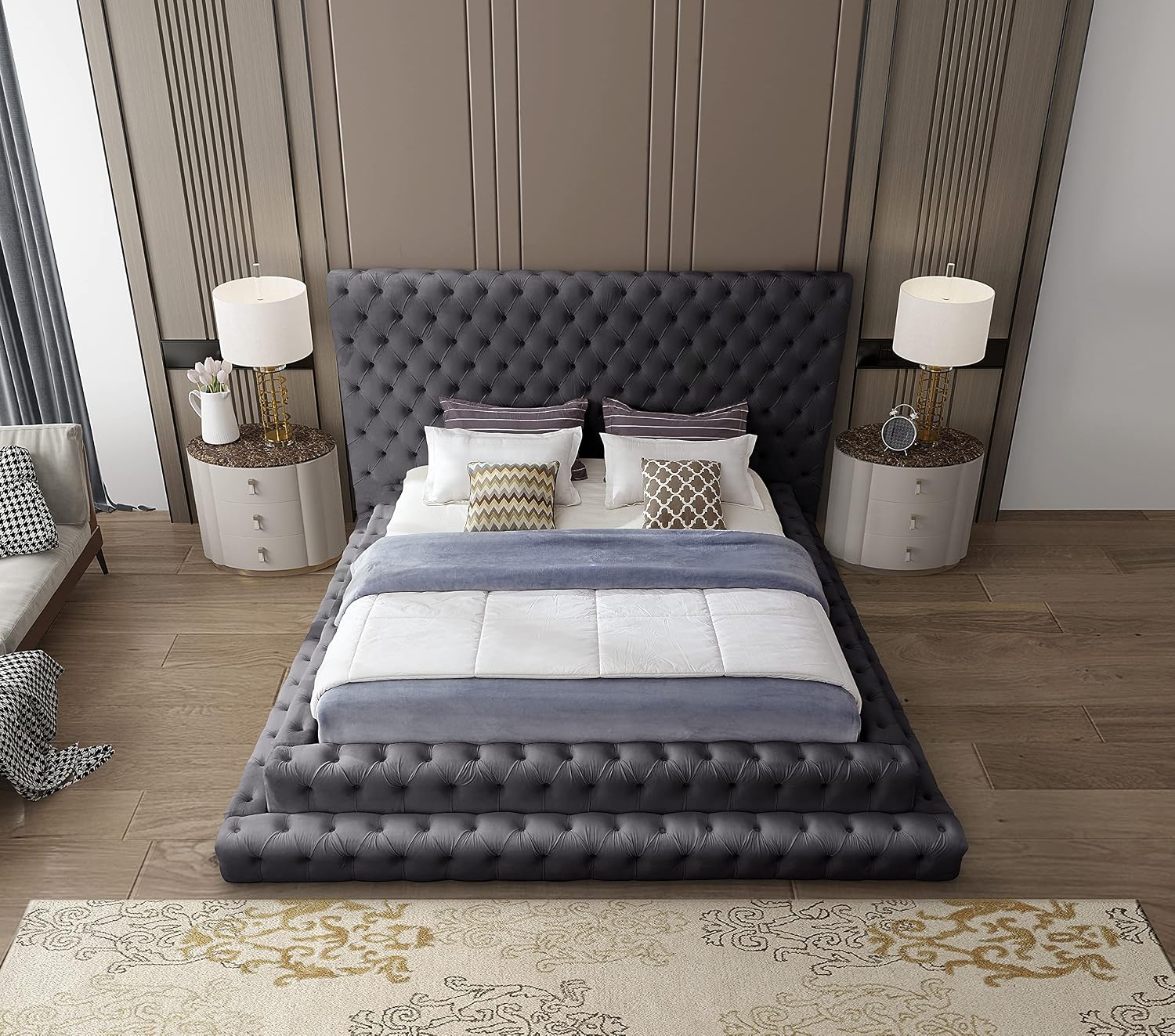 Meridian Furniture RevelGrey-K Revel Collection Modern | Contemporary Grey Velvet Upholstered Bed with Deep Button Tufting, 101' W x 98' D x 60' H, Grey, King