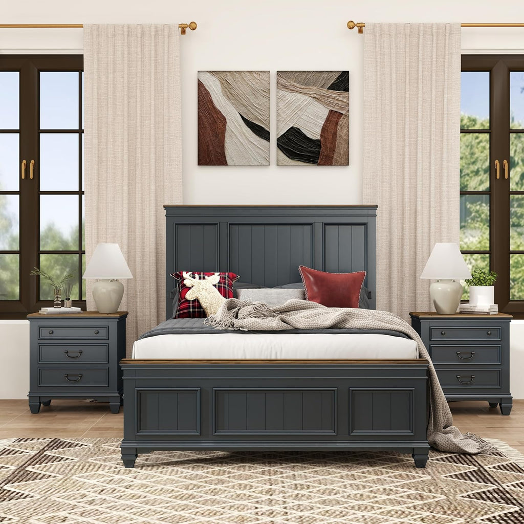 Roundhill Furniture Riverton Wood 3-Piece Bedroom Set, Shiplap Panel Queen Bed with 2 Nightstands in Slate Blue