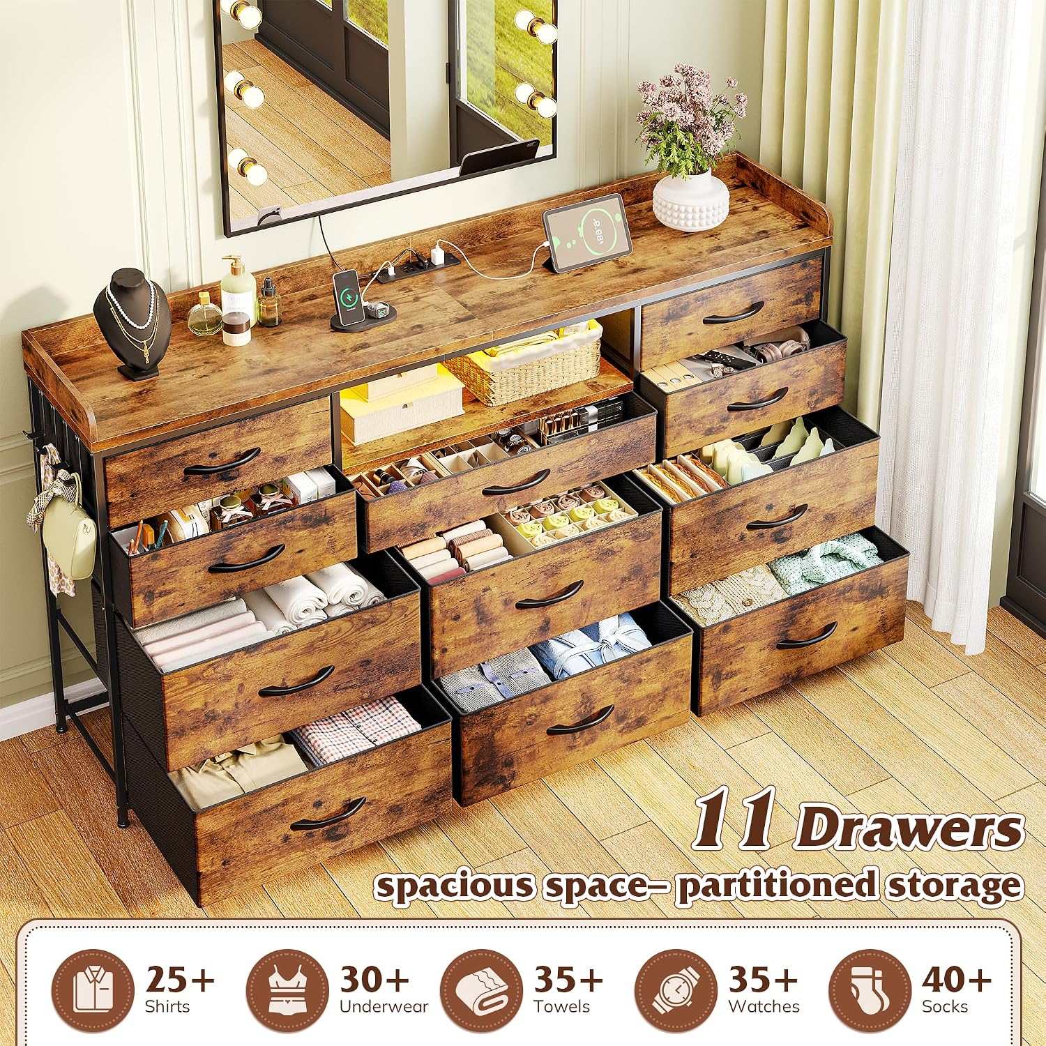 EnHomee Dresser TV Stand with 11 Drawers, 60' TV Stand with LED Lights & Power Outlets, Long Dresser for Bedroom with Shelves & 4 Hooks for Dorm, Hallway, Rustic Brown
