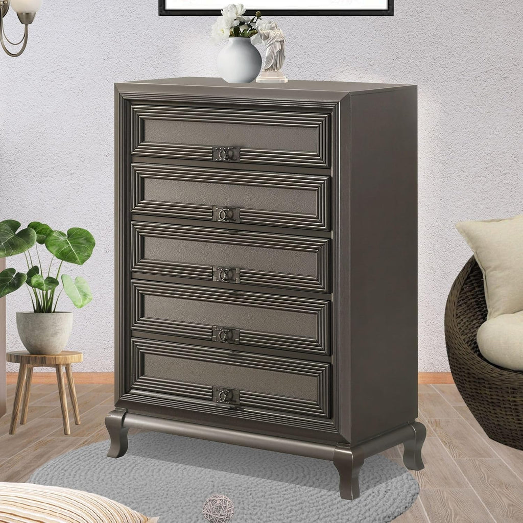 Kings Brand Furniture Tyler 6-Piece Queen Size Bedroom Set - Bed with LED Headboard, Dresser, Mirror, Chest and 2 Nightstands, Metallic Gray