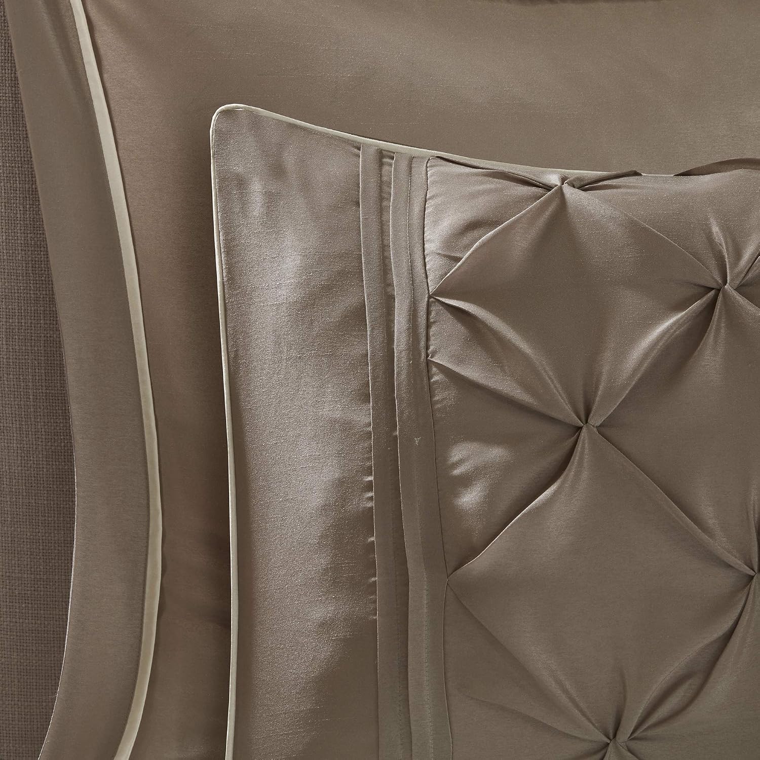 Madison Park Essentials Room in a Bag Faux Silk Comforter Set - Luxe Diamond Tufting All Season Bedding, Matching Curtains, Decorative Pillows, Taupe King(104'x92') 24 Piece