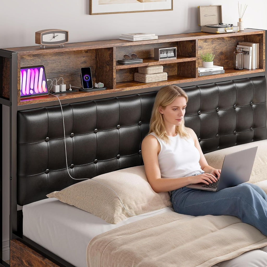 EnHomee King Size Bed Frame with 4 Storage Drawers, King Bed Frame and Headboard with Built in Charging Station,No Noise,No Box Spring Needed,Vintage Brown