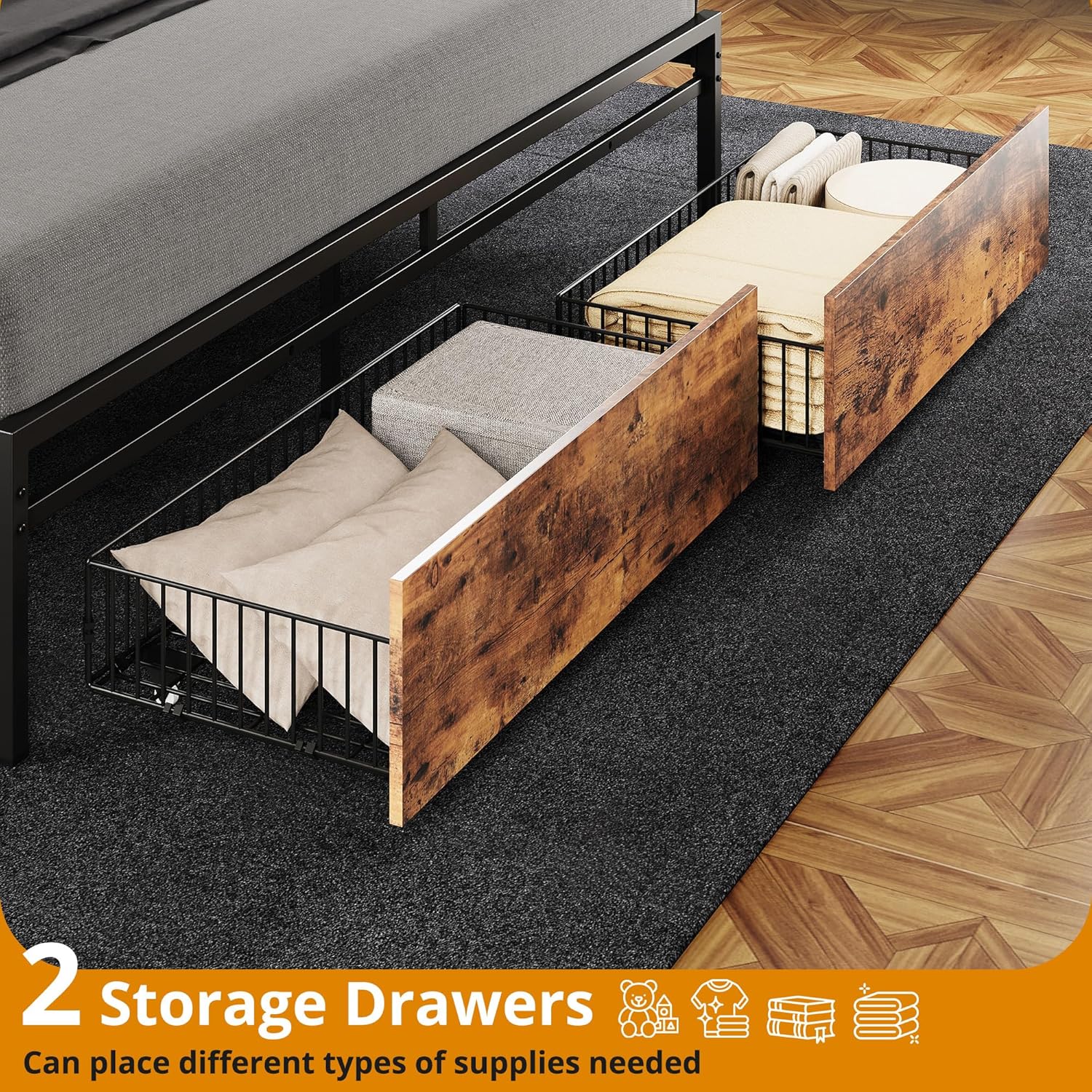 LIKIMIO California King Size Bed Frame, Storage Headboard with Charging Station, Platform Bed with Drawers, No Box Spring Needed, Easy Assembly, Vintage Brown and Black