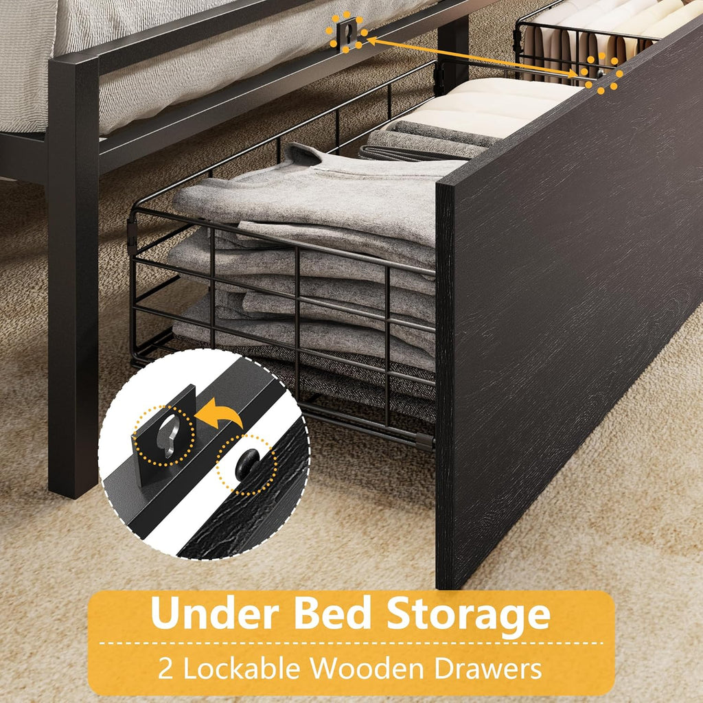 Furnulem King Bed Frame with Wood Headboard & Storage Drawers, Metal Platform Bed Frames King Size with LED Lights, Built in Charging Station, No Box Spring Needed, No Noise, Easy Assembly, Black