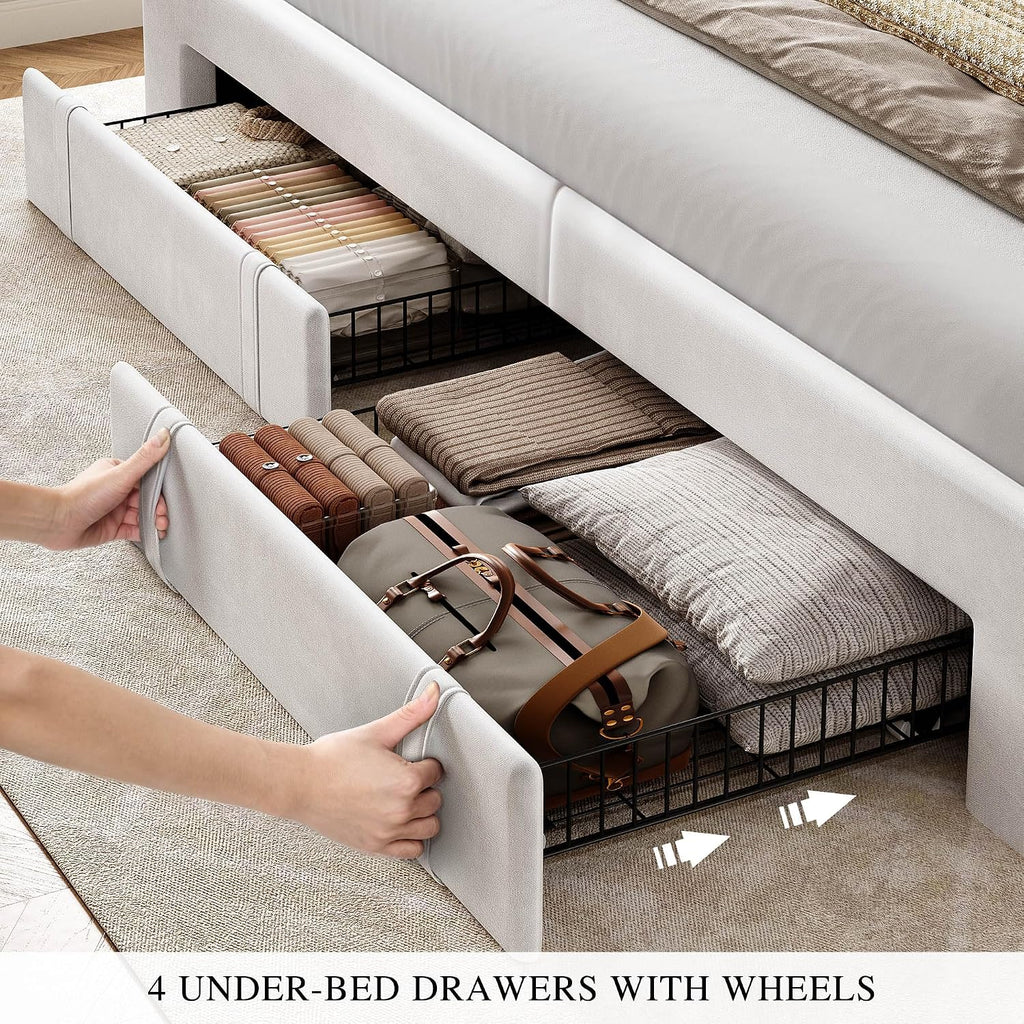 DWVO King Size Bed Frame with Adjustable Headboard, 4 Storage Drawers and RGB LED Lights, Velvet Upholstered Platform Bed with USB Ports, No Box Spring Needed, Fast Assembly, Noise-Free, White