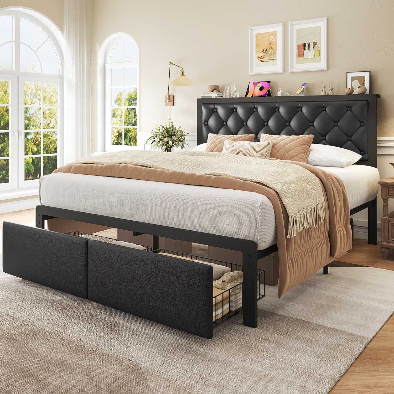 Fluest Queen Bed Frame with 2 Storage Drawers, Upholstered Headboard Button Tufted Bed Frame with Charging Station, No Box Spring Needed, Noise-Free, All Metal Structure, Black