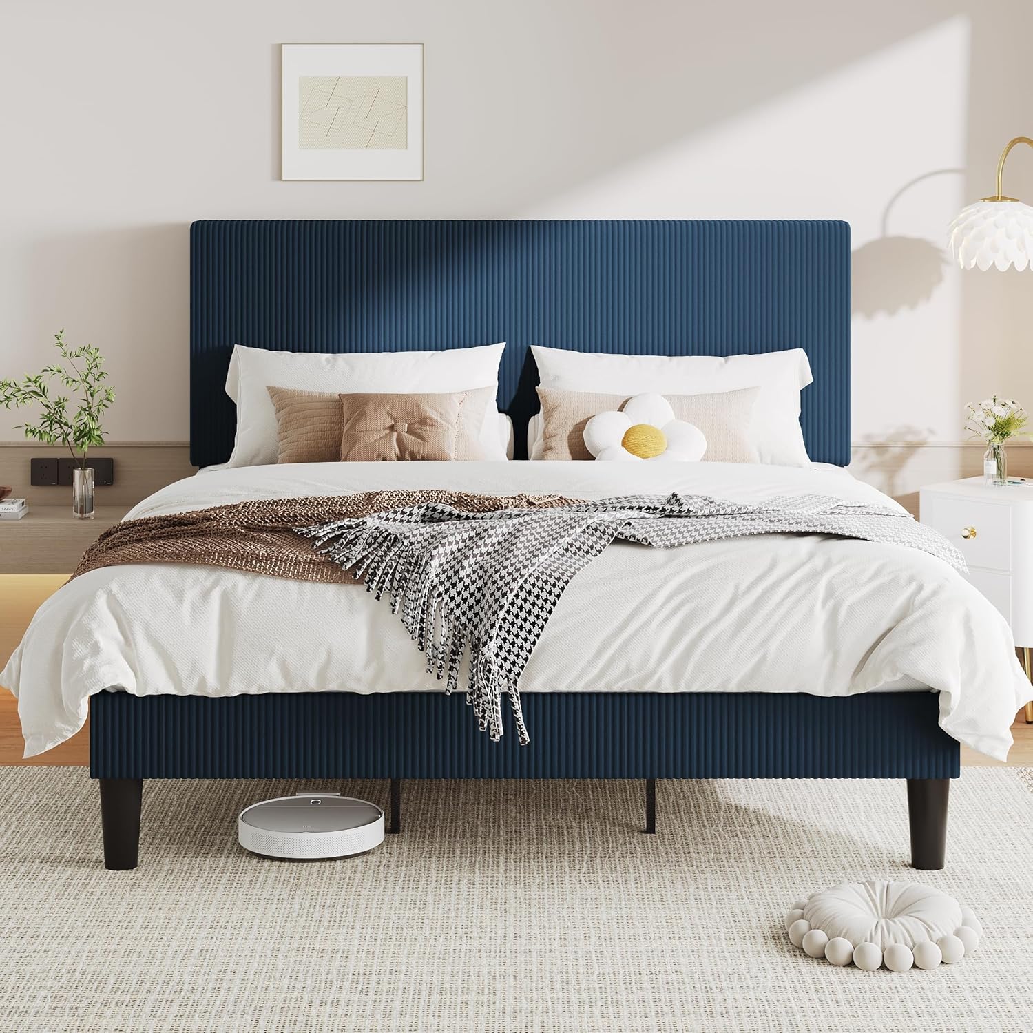 Allewie King Size Upholstered Bed Frame with Vertical Channel Tufted Headboard, Soft Corduroy Fabric Platform Bed, Strong Wooden Slats Support, Easy Assembly, No Box Spring Needed, Dark Blue