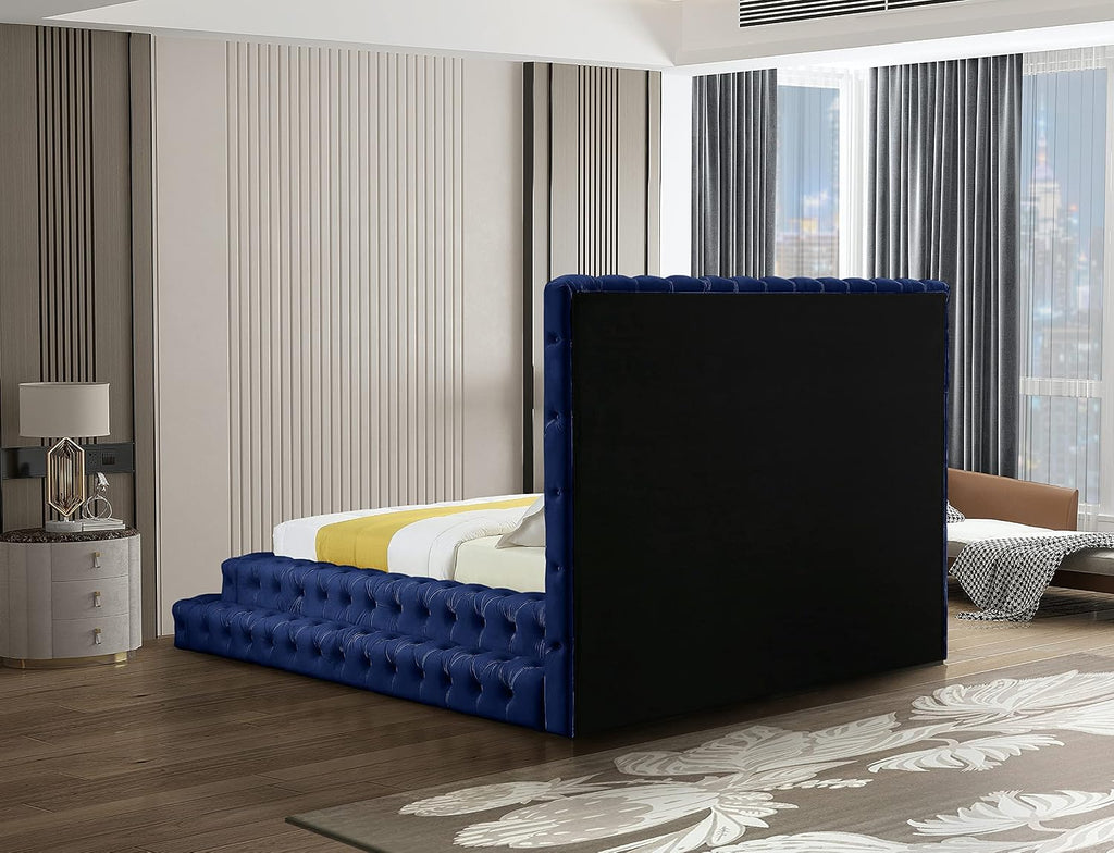 Meridian Furniture RevelNavy-Q Revel Collection Modern | Contemporary Navy Velvet Upholstered Bed with Deep Button Tufting, 85' W x 98' D x 60' H, Navy, Queen