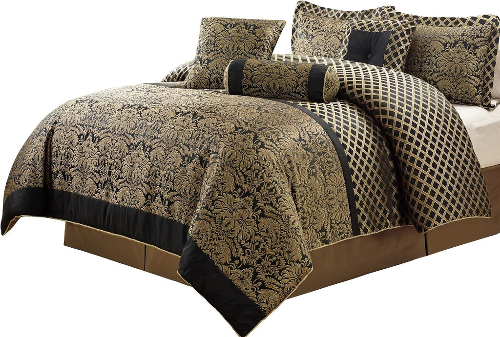 Chezmoi Collection 7-Piece Black/Gold Diamond Floral Medallion Jacquard Woven Comforter Set, King