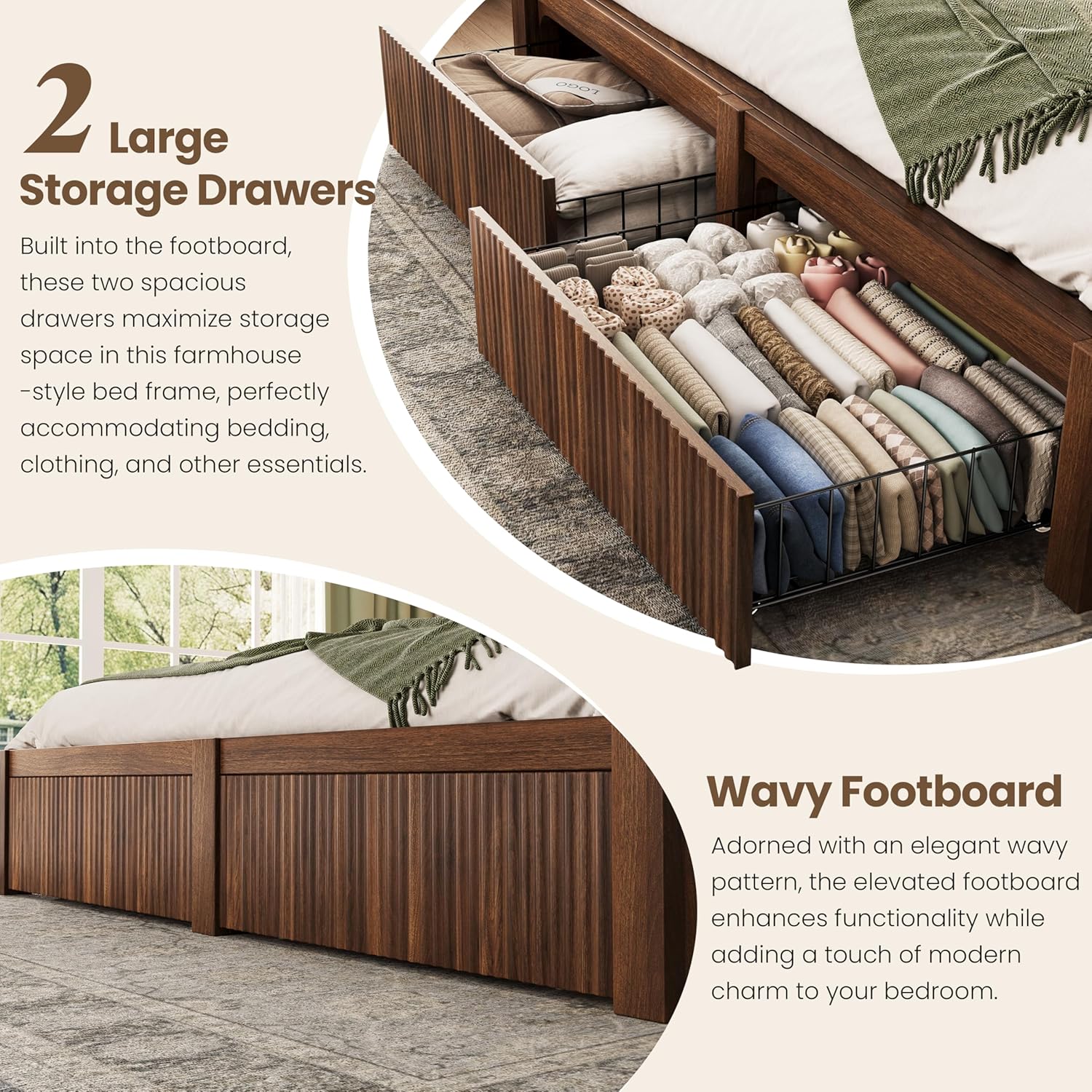 CypBed Full Size Bed Frame with Headboard and Storage Drawer, Full Bed Frame with LED Light and Charging Port, Farmhouse Wavy Design, Wood & Metal Platform, Noise-Free, No Box Spring Needed, Walnut