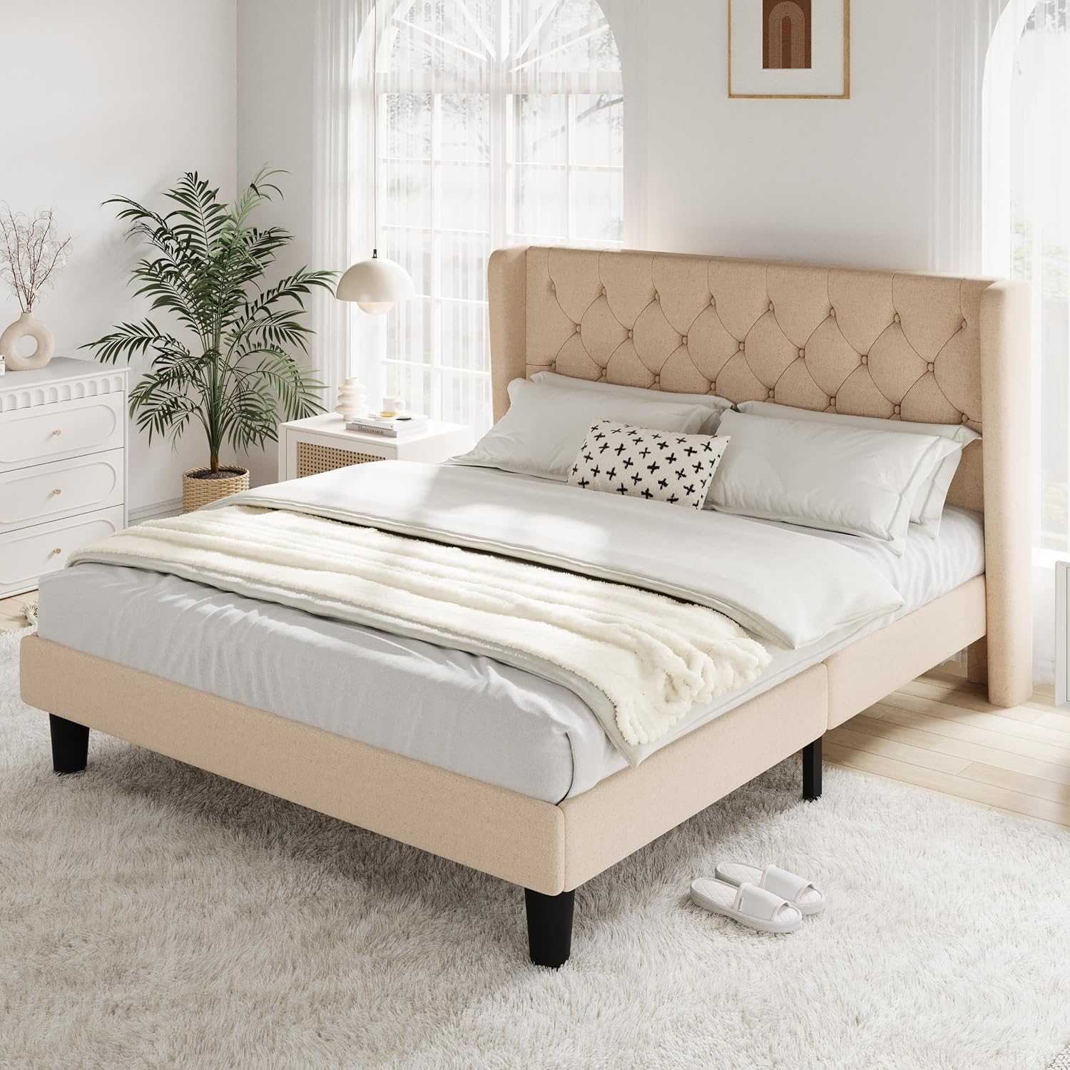Allewie Queen Size Bed Frame with Button Tufted Wingback Headboard, Modern Upholstered Bed Frame with Solid Wooden Slats Support - No Box Spring Needed, Easy Assembly, Beige