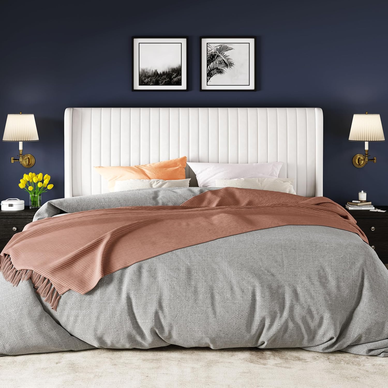Allewie King Size Velvet Bed Frame/Vertical Channel Tufted Wingback Headboard/Upholstered Platform Bed/No Box Spring Needed/Strong Wooden Slats/Easy Assembly/White