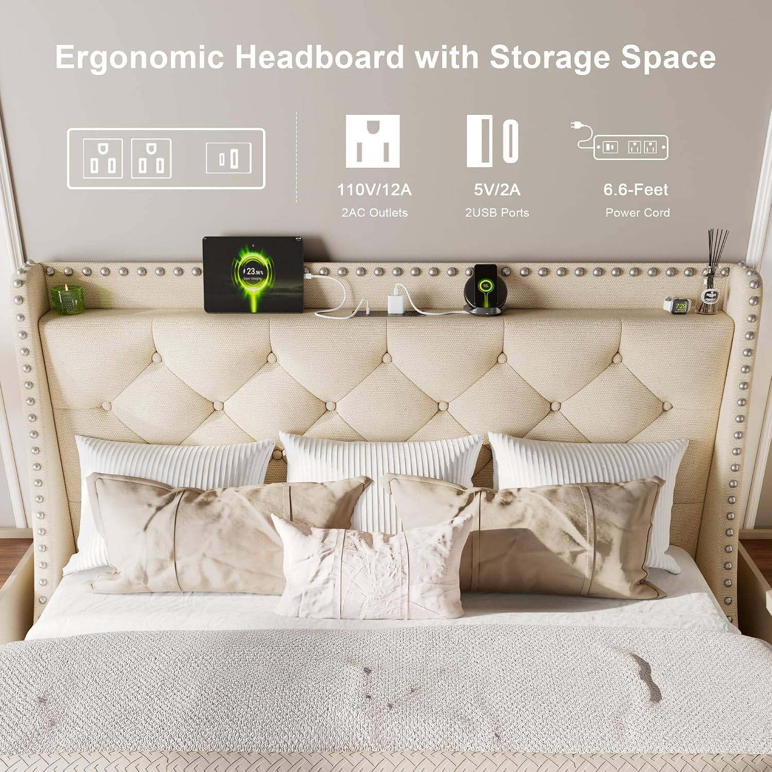 Feonase Full Size Bed Frame with Luxury Wingback and Fast Charging Station,Full Upholstered Button Tufted Storage Headboard Platform Bed, Sturdy Wooden Slats Support, Noise-Free, Easy Assembly, Beige