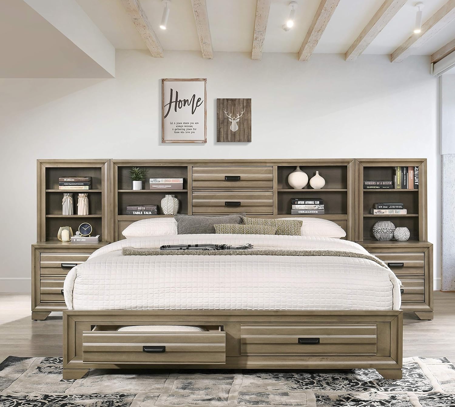 Roundhill Furniture Loiret Light Gray Finish Wood Storage Platform WallBed, King