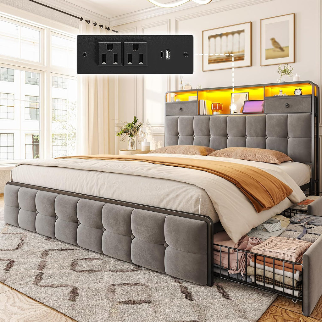 EnHomee Queen Bed Frame with 6 Storage Drawers and Upholstered Headboard,Modern Bed Frame Queen with LED Light and Charging Station,no Box Spring Needed,No Noise, Easy Assembly,Velvet,Sturdy,Grey
