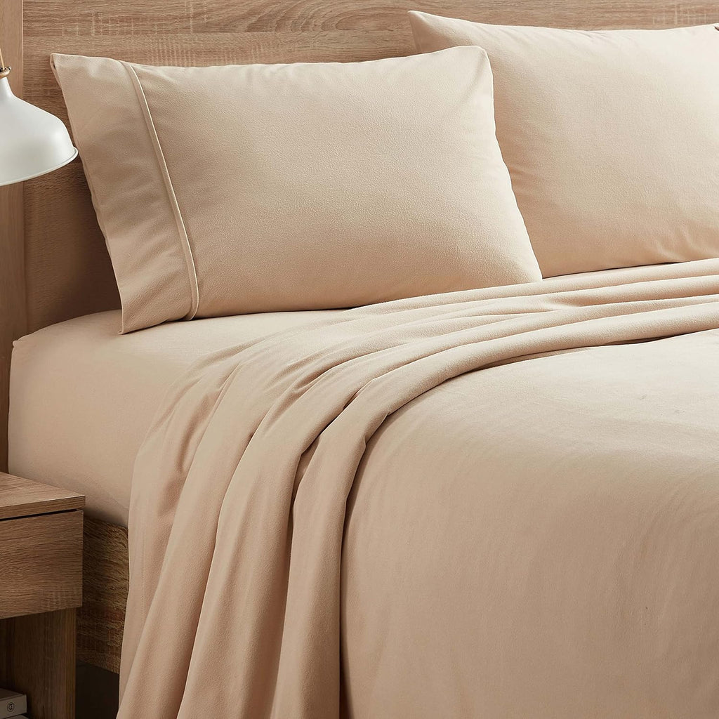 Flannel Sheets Warm and Cozy Deep Pocket Breathable All Season Bedding Set with Fitted, Flat and Pillowcases, Full, Beige, (Pack of 8)