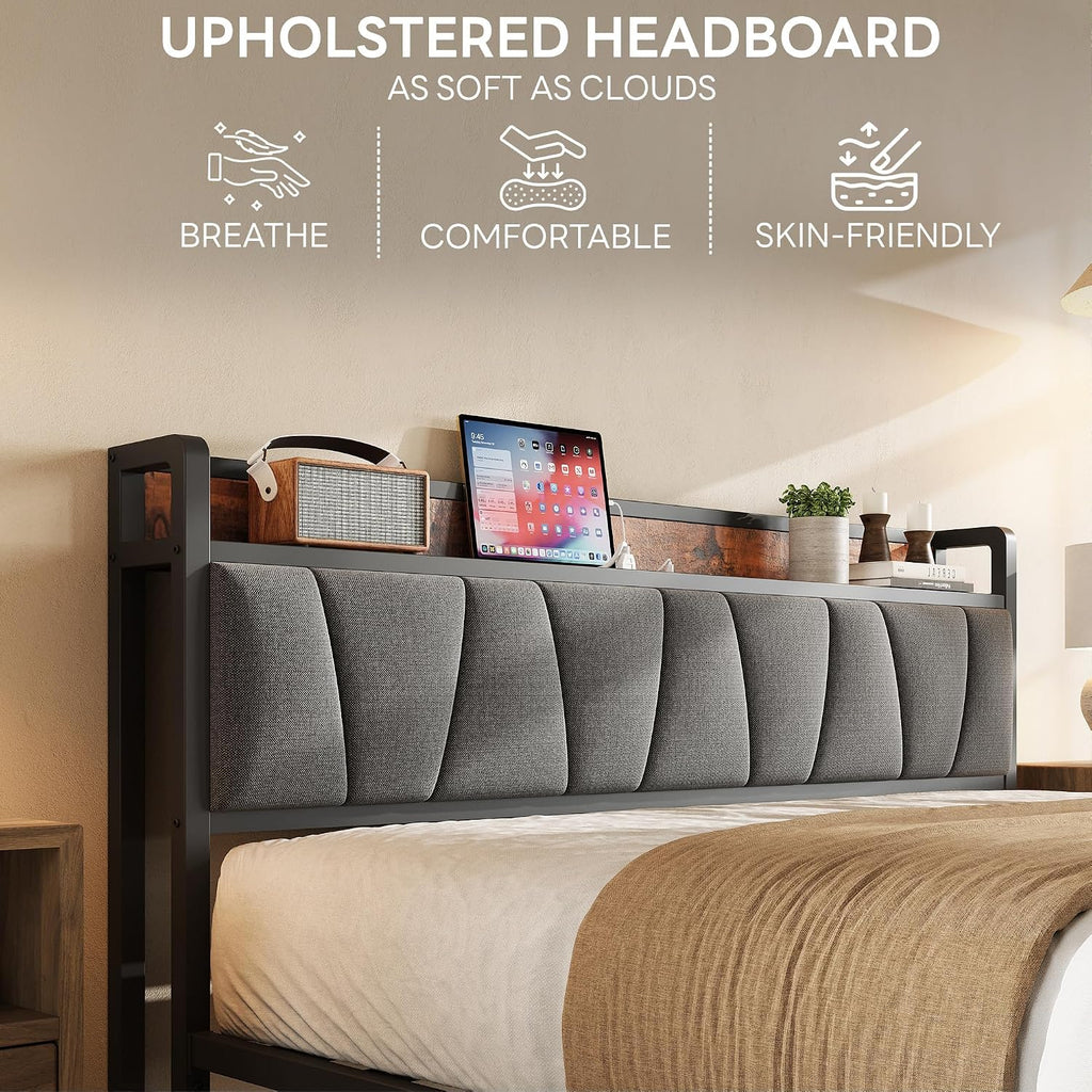 LIKIMIO Queen Bed Frame, Storage Headboard with Charging Station, Solid and Stable, Noise Free, No Box Spring Needed, Easy Assembly