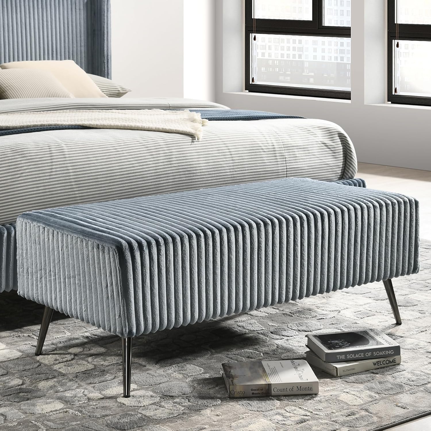 Roundhill Furniture Mavela Wide Wale Corduroy Upholstery Panel Queen Bed with 2 Nightstands and Bench, Blue